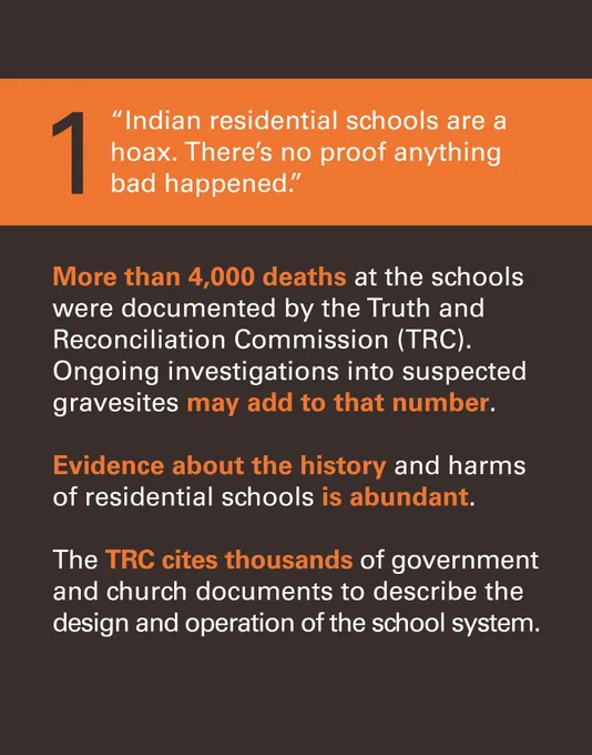 "Indian residential schools are a hoax. There's no proof anything bad happened."      More than 4,000 deaths at the schools were documented by the Truth and Reconciliation Commission (TRC). Ongoing investigations into suspected gravesites may add to that number.     Evidence about the history and harms of residential schools is abundant.    The TRC cites thousands of government and church documents to describe the design and operation of the school system.