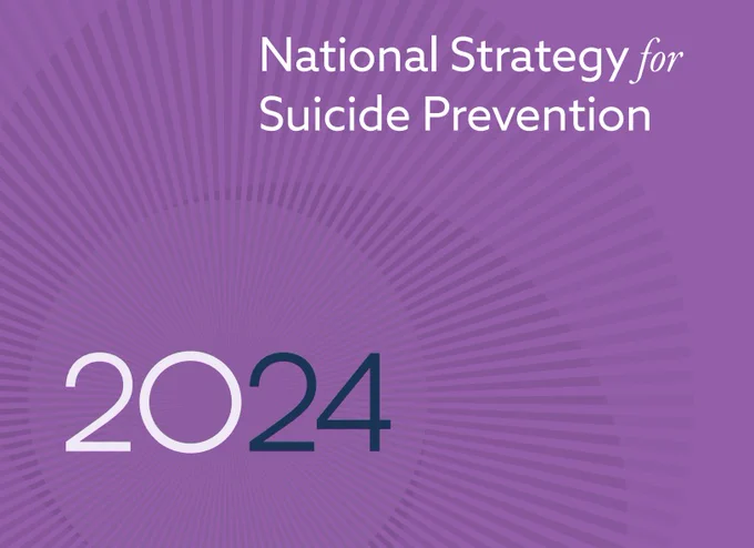 Image says "National Strategy for Suicide Prevention 2024" with a purple background