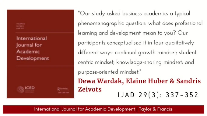 IJAD logo and a quote from an article by Dewa Wardak, Elaine Huber & Sandris Zeivots: "Our study asked business academics a typical phenomenographic question: what does professional learning and development mean to you? Our participants conceptualised it in four qualitatively different ways: continual growth mindset; student-centric mindset; knowledge-sharing mindset; and purpose-oriented mindset."