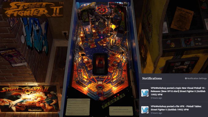 A screenshot of Visual Pinball X running the VPinWorkshop version of Street Fighter II by Gottlieb. In the corner is a notification about VPinWorkshop releasing this exact table.