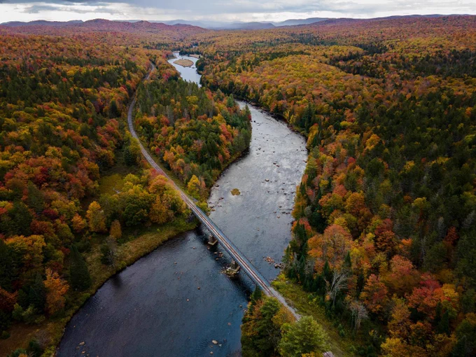 Aerial view of the Adirondack Scenic Railroad⁠, surrounded by dense forests displaying vibrant fall foliage. A bridge crosses the river, connecting the railway that follows a river's course through the landscape.