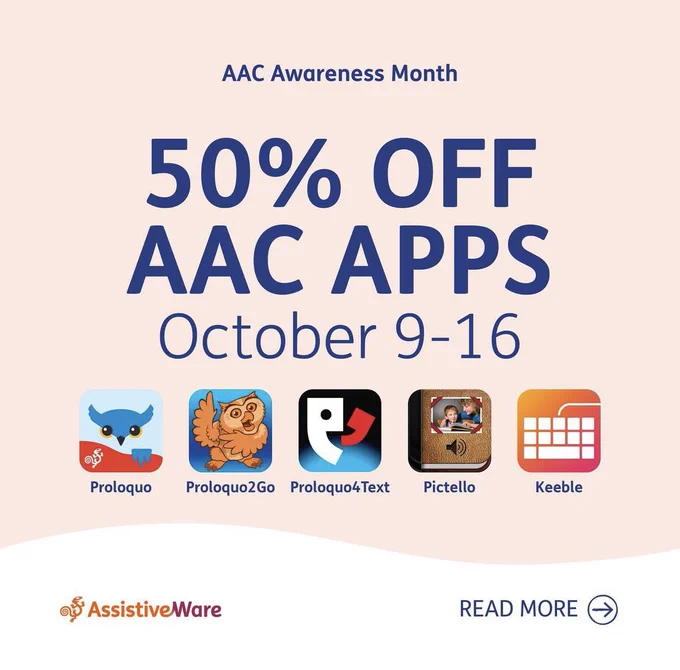 A visual featuring 5 communication apps by assistiveware that will be 50% off from October 9-16th.