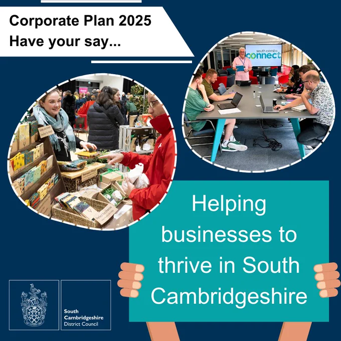 A blue graphic representing helping businesses to thrive in South Cambridgeshire. There is an image of market stall traders and shoppers and a group of people working in a corporate setting.