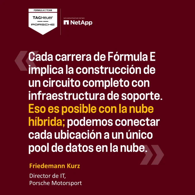 «Cada carrera de Formula E implica la construccion de un circuito completo con infraestructura de soporte. Eso es posible con la nube hibrida; podemos conectar cada ubicacion a un unico pool de datos en la nube.»