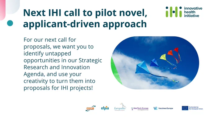 Next IHI call to pilot novel, applicant-driven approach
For our next call for proposals, we want you to identify untapped opportunities in our Strategic Research and Innovation Agenda, and use your creativity to turn them into proposals for IHI projects!
The image is of a string of coloured kites flying against a blue sky with a few white clouds.
