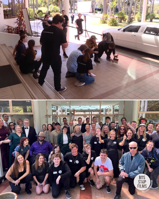 First image is a films set with a limo and second image is a group of people on set. 