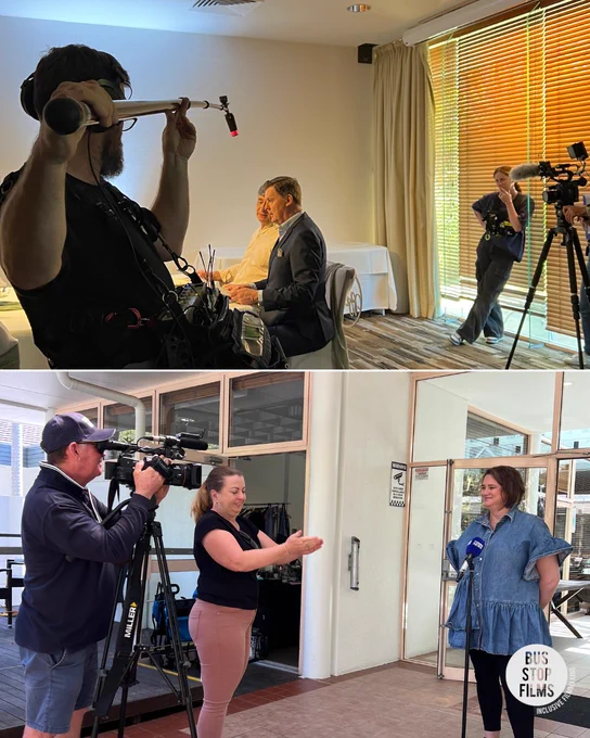 2 images of people with cameras on set