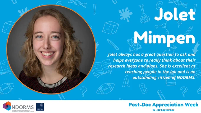 Jolet Mimpen
Jolet always has a great question to ask and helps everyone to really think about their research ideas and plans. She is excellent at teaching people in the lab and is an outstanding citizen of NDORMS