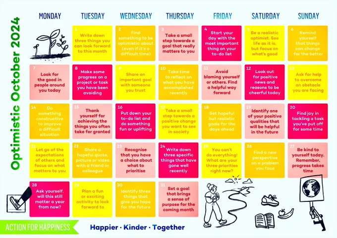 .Action for Happiness Monthly Calendar showing daily actions on the theme of #OptimisticOctober

#Happier #Kinder #Together 
#BeKind 
#2024