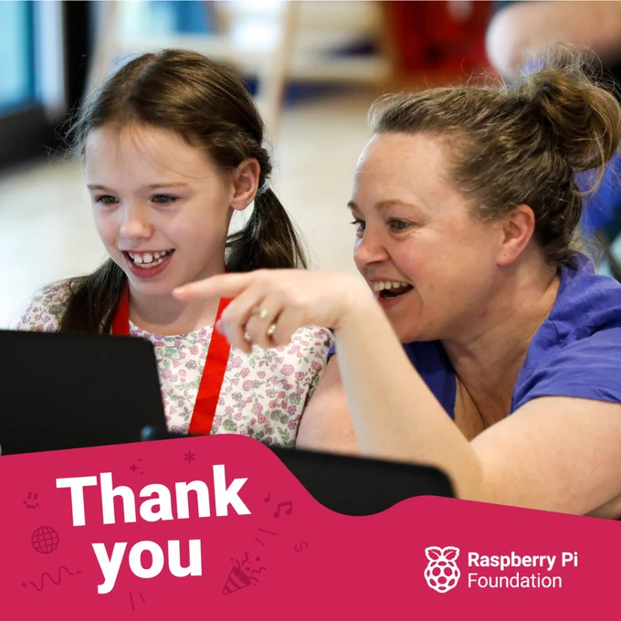 Mentor helping a young person code at a laptop. A "thank you" graphic is superimposed at the bottom of the image.
