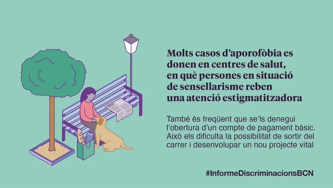 Molts casos d’aporofòbia es donen en centres de salut, en què persones en situació de sensellarisme reben una atenció estigmatitzadora.

També és freqüent que se’ls denegui l’obertura d’un compte de pagament bàsic. Això els dificulta la possibilitat de sortir del carrer i de desenvolupar un nou projecte vital.

#InformeDiscriminacionsBCN

A la imatge es veu una silueta femenina amb un gos. Està asseguda en un banc i duu una bossa amb menjar.