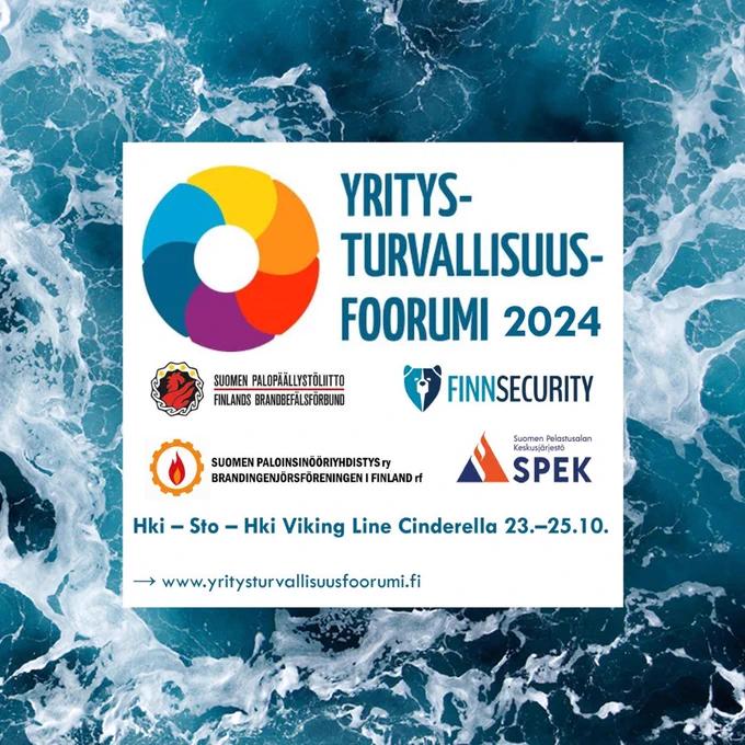 Yritysturvallisuusfoorumin ja järjestäjien logot, taustalla vaahtoavaa vettä.