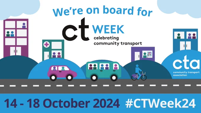 An illustrated graphic promoting Community Transport Week 2024, happening from October 14 to 18. The graphic features colorful depictions of vehicles, including a car, minibus, and a cyclist, along with buildings representing community hubs. The text reads: "We're on board for CT Week, celebrating community transport." The hashtag #CTWeek24 and the Community Transport Association (CTA) logo are also prominently displayed.