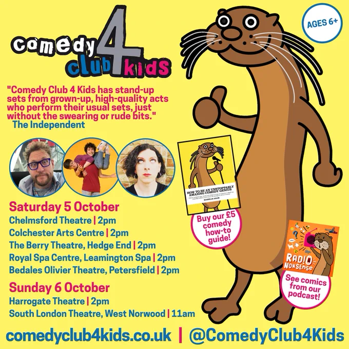 Saturday 5 October

Chelmsford Theatre | 2pm

Colchester Arts Centre | 2pm 

The Berry Theatre, Hedge End | 2pm

Royal Spa Centre, Leamington Spa | 2pm

Bedales Olivier Theatre, Petersfield | 2pm


Sunday 6 October

Harrogate Theatre | 2pm

South London Theatre, West Norwood | 11am
