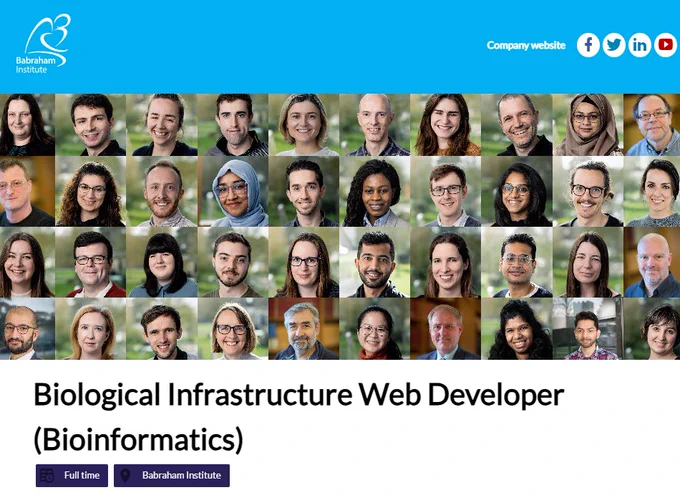 a series of images of people who work at the Babraham Institute arranged in a grid. Text reads: Biologocal Infrastructure web developer (Bioinformatics). Full time. Babraham Institute.