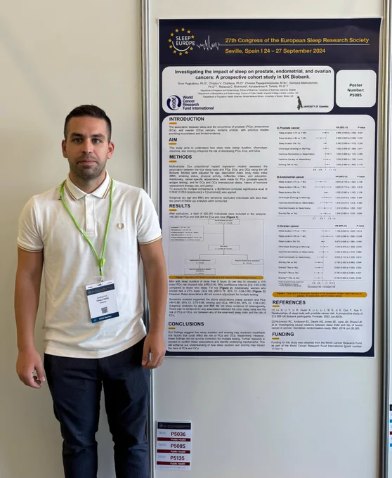 Dr Christos Chalitsios in front of his research about the link between sleep and cancer risk
