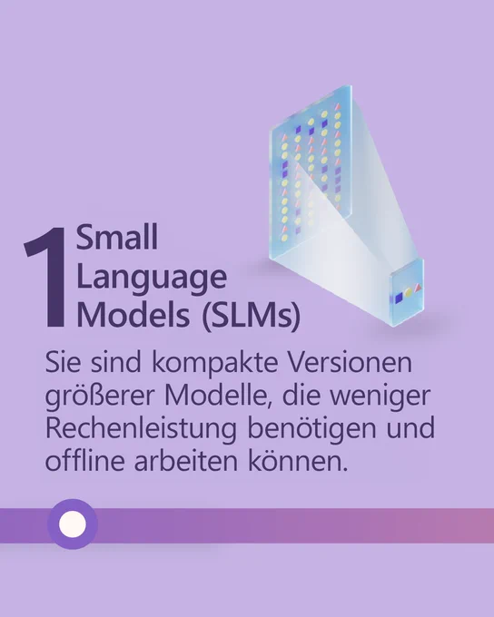 Text lautet: "1. Small Language Models (SLMs). Sie sind kompakte Versionen größerer Modelle, die weniger Rechenleistung benötigen und offline arbeiten können."