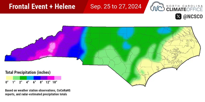 A map of total precipitation in North Carolina from Hurricane Helene and a precursor frontal event from September 25 to 27, 2024.