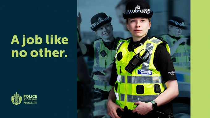 Graphic featuring a female police officer smiling facing the camera, with photos in the background of the officer chatting to a member of the public. Text on the graphic reads: A job like no other.