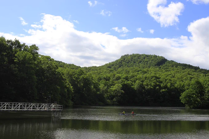 A photo of our team collecting water quality samples from a boat on lovely Falling Creek Reservoir, Virginia, USA 