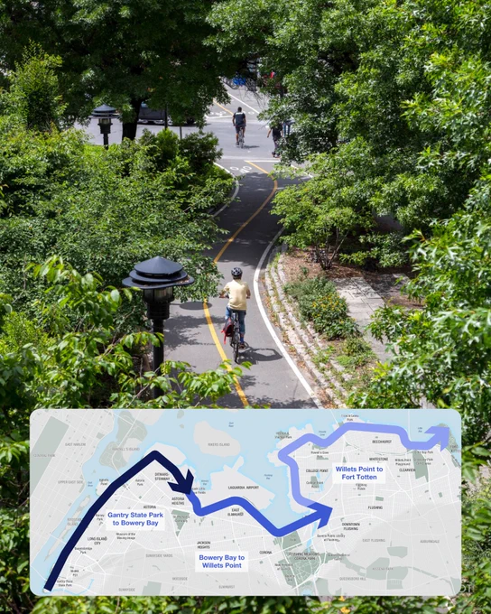 Cyclists ride on a two way bike path lined by trees. At the bottom is a map showing the path of the Queens Waterfront Greenway.