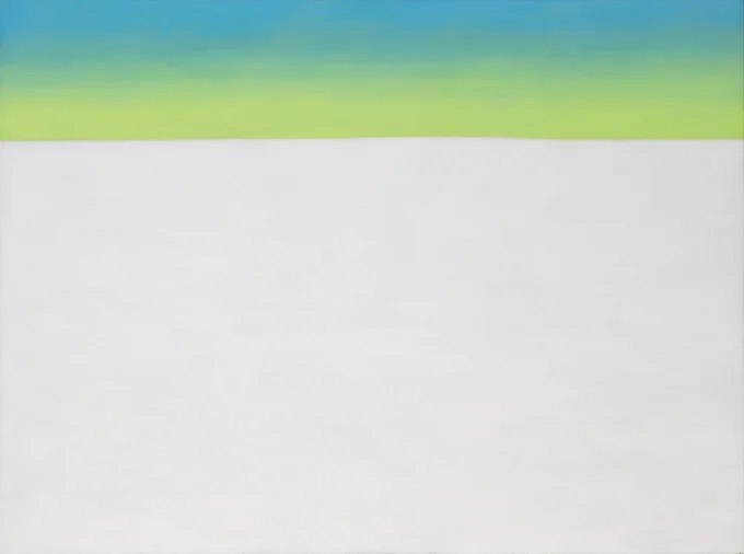 Much of this work is filled by a flat, white cloud. A band of yellow rests atop the cloud, and a band of blue rises above the yellow.