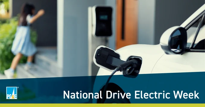 A graphic depicting an electric vehicle parked outside of a house plugged into a charging station with the following text: National Drive Electric Week with a PG&E logo on bottom left. 