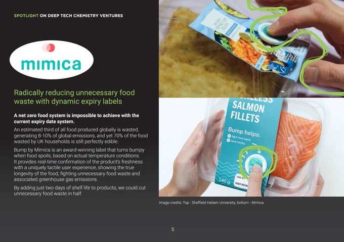 A brief company profile of Mimica, highlighting our mission, alongside two images that display our Bump Tag freshness indicator applied to a pack of meat.
