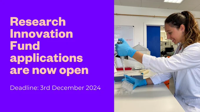 Purple background, coral text: 
'Research Innovation Fund applications are now open
Deadline: 3rd December'

female researcher on the right hand side