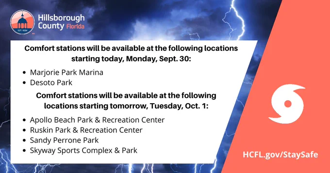 Six comfort stations will open across Hillsborough County and City of Tampa to help residents affected by #HurricaneHelene. �

The stations offer showers, restrooms, ice, washers and dryers for laundry, and charging stations for phones, laptops, and other communications devices. Hot food or boxed meals will be available as well. 

The following stations are open starting today, Sept. 30: 
�Marjorie Park Marina
�Desoto Park 
The following stations will be open starting tomorrow, Oct.1: 
�Apollo Beach Park & Recreation Center
�Ruskin Park & Recreation Center
�Sandy Perrone Park
�Skyway Sports Complex & Park
