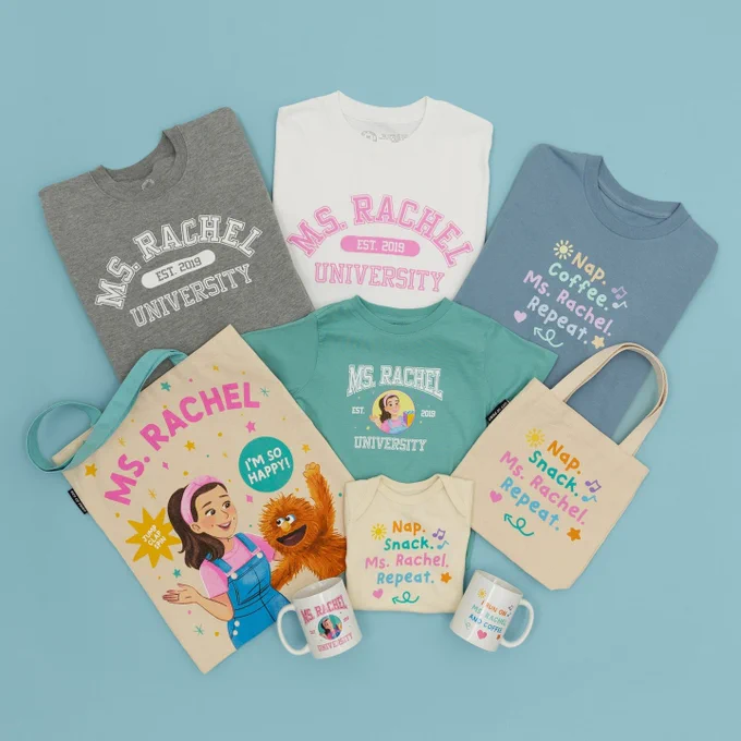 Ms. Rachel collection by Out of Print - featuring adult apparel, kids' apparel, totes, and mugs.
