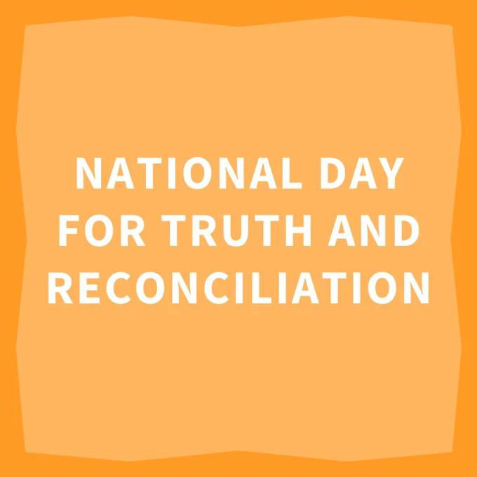 Orange square with National Day for Truth and Reconciliation in white text. 