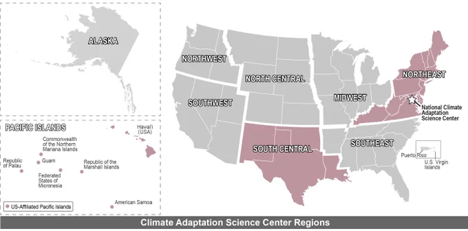 Map of the U.S. showing the Northeast, South Central, and Pacific Islands regions highlighted