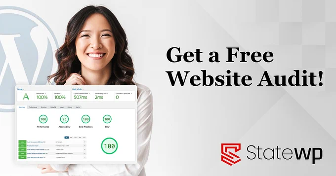 "Get a Free Website Audit" written to the right of a smiling woman with an "A" grade on her website performance score 