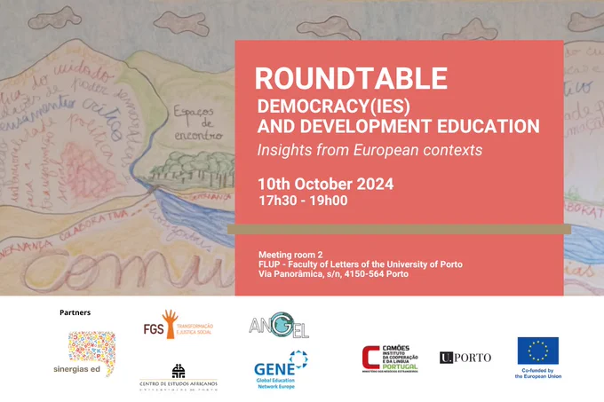 An image of a drawing with the text roundtable on "Democracy(ies) and Development Education"