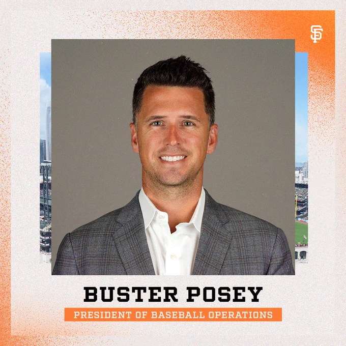 Graphic including headshot photo of Buster Posey with his name and title, "President of Baseball Operations" underneath. 