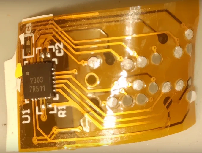 The flexible, adhesive-backed 'sticker' circuit board that man-in-the-middles an HP printer cartridge.


Image:
Jay Summet
https://www.youtube.com/watch?v=h0ya184uaTE