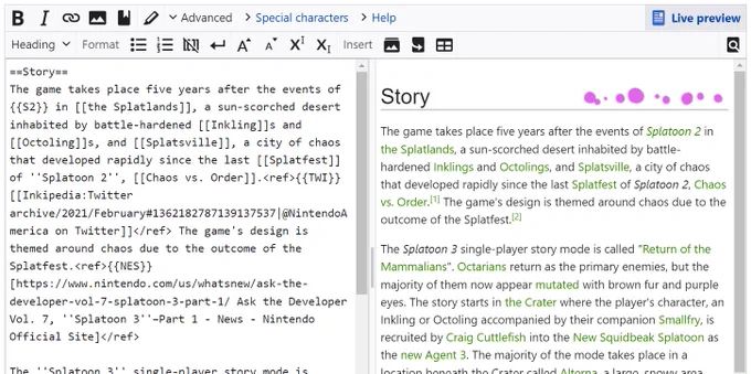 An example of live preview being used on Inkipedia's editing pane, showing the source code and resulting display of the "story" section of the Splatoon 3 article