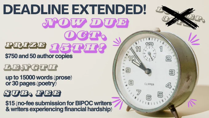 A black and white image of an alarm clock with the words “due September 30th” scribbled out in favor of bold purple text announcing “now due October 15th!”