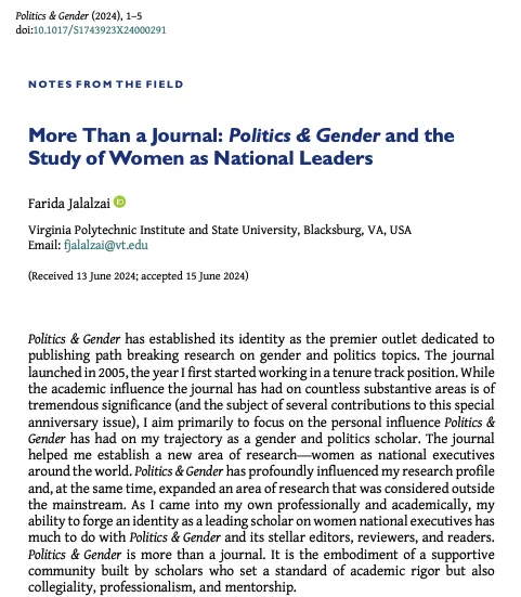 Notes from the field entitled "More Than a Journal: Politics & Gender and the Study of Women as National Leaders" by Farida Jalazai. 