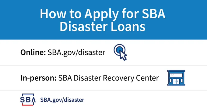 Graphic with the text "How to Apply for SBA Disaster Loans 

Online: SBA.gov/disaster (mouse click button icon) 
In-Person: SBA Disaster Recovery Center (building icon) 

SBA.gov/disaster "

SBA logo at the bottom
