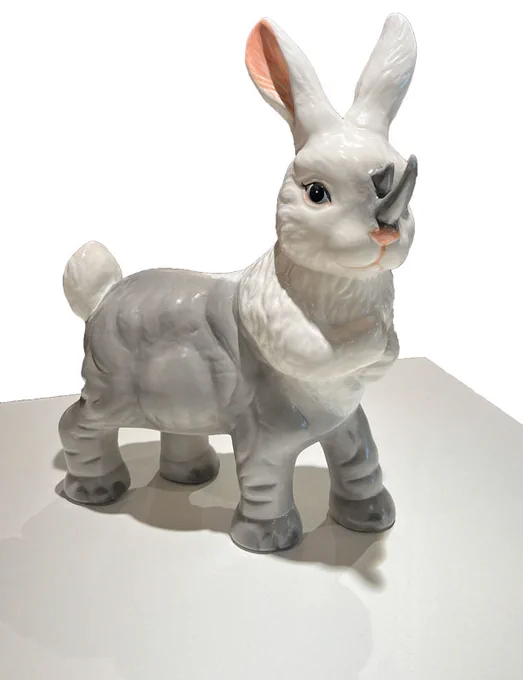 A part-rabbit, part-rhinoceros statue that's part of the exhibition.