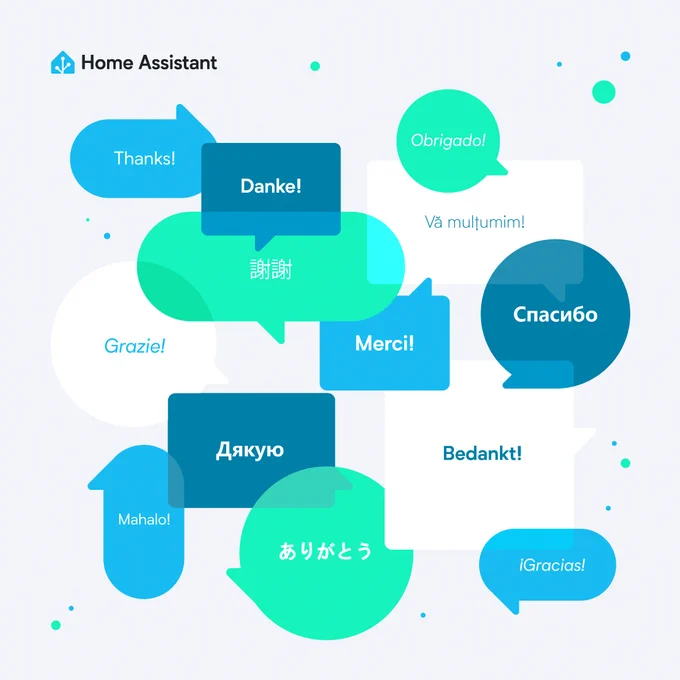 Image created by graphic artist Clelia Rella. Using the Home Assistant brand green and blue palettes on a light gray background, several speech bubbles of varying shapes and sizes say "thank you" in 13 languages. From the top the languages are English, German, Portuguese, Chinese, Romanian, Italian, French, Russian, Ukrainian, Dutch, Hawai'ian, Japanese, and Spanish. The Home Assistant logo and name are in the top left corner.