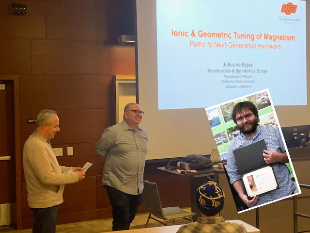 Professor Julius de Rojas (center) introduced as the colloquium speaker. The insert on the right is Julius when he was a master's student at the department.