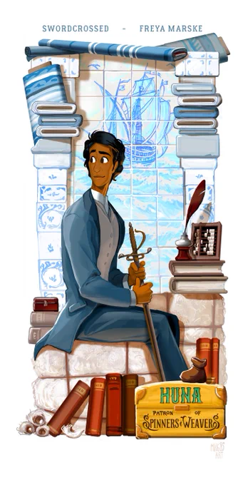 A colourful illustration of a young man with neat black hair seated very upright on a bale of raw wool, holding a duelling rapier and looking back over his shoulder. He is wearing a dark blue trousers and coat over a beige waistcoat. He's surrounded by books, an ink well and abacus, and behind him is a design of a merchant ship picked out in blue-and-white tiles. On a golden chest by his feet are the words HUNA: patron of spinners and weavers.