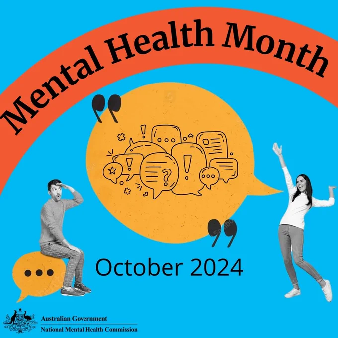 Social media tile by the Mental Health Commission with Australian Government and Commission crest/logo in bottom left corner. A vibrant graphic with a bright blue background. At the top, in a red curved banner, with text ‘Mental Health Month October 2024’ in white. Centred is a large yellow circle, with silhouettes of various communication icons such as speech bubbles and chat symbols in black. On the left, there is a silhouette of an individual seated on a blue stool with thought bubbles above their head. On the right, there is a silhouette of an individual standing and reaching out. Both individuals are depicted in black against the yellow circle. 