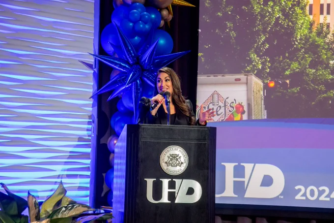 ABC13 News Anchor Mayra Moreno speaking at UHD's State of the University address.