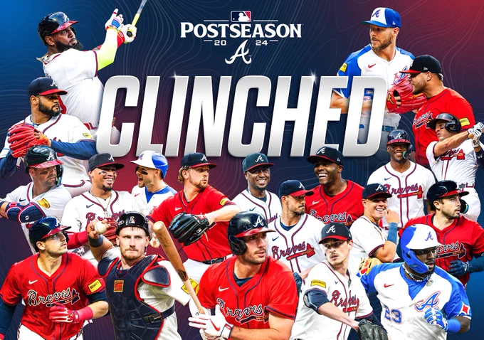 A collage of Braves players with the word “CLINCHED” in the middle and the 2024 MLB Postseason logo above it.