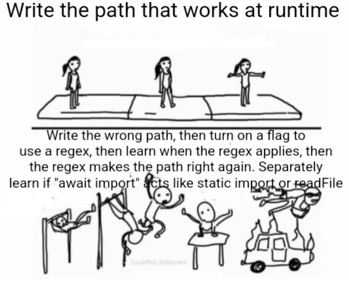 Mental gymnastics 

Simple: write the path that works at runtime 

Complex; Write the wrong path, then turn on a flag to use a regex, then learn when the regex applies, then the regex makes the path right again. Separately learn if "await import" acts like static import or readFile