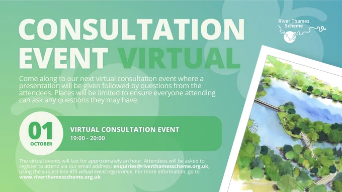 River Thames Scheme Supplementary Consultation. Virtual event. Tuesday 1st October 2024. 19:00 to 20:00.